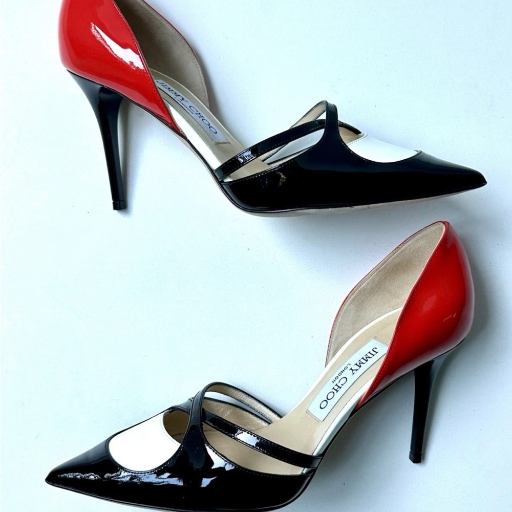Rare to find Jimmy Choo Black, Red,& White Patent Leather Pumps, Sz 38 - Picture 7 of 8